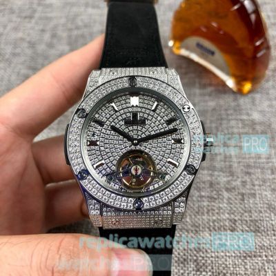 Replica Hublot Classic Fusion Tourbillon Silver Diamond Dial Black Leather Strap Watch